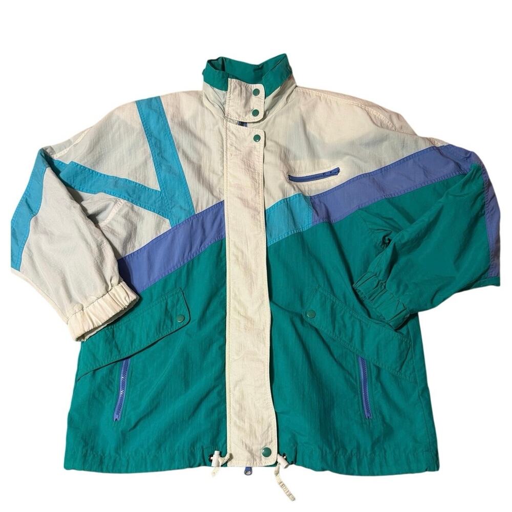 VTG 1990s London Fog Color Block White & Green Retro Zip Up Windbreaker Large